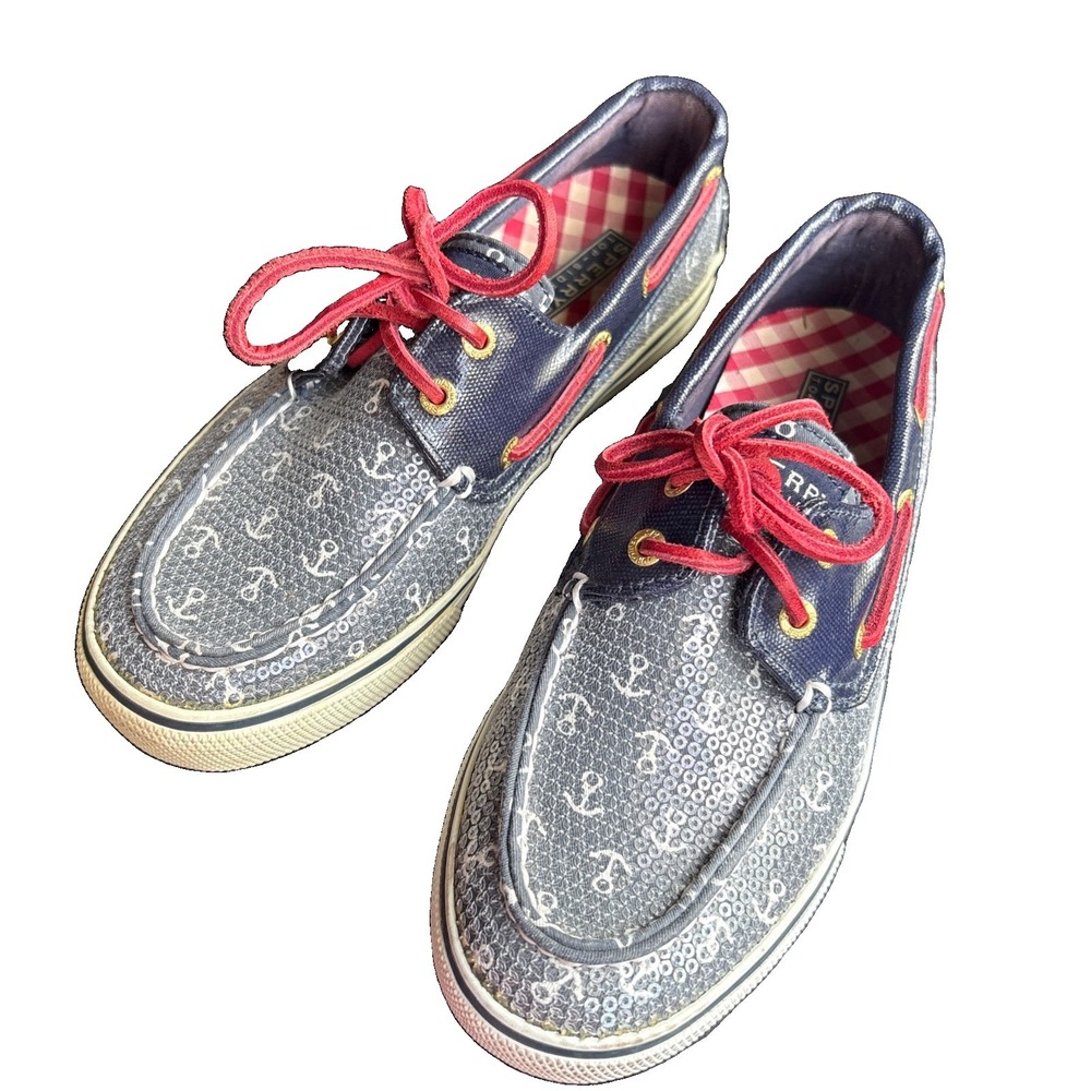 SPERRY TOP-SIDER BAHAMA NAVY BLUE RED ANCHOR SEQUINNED BOAT SHOE SIZE 6.5